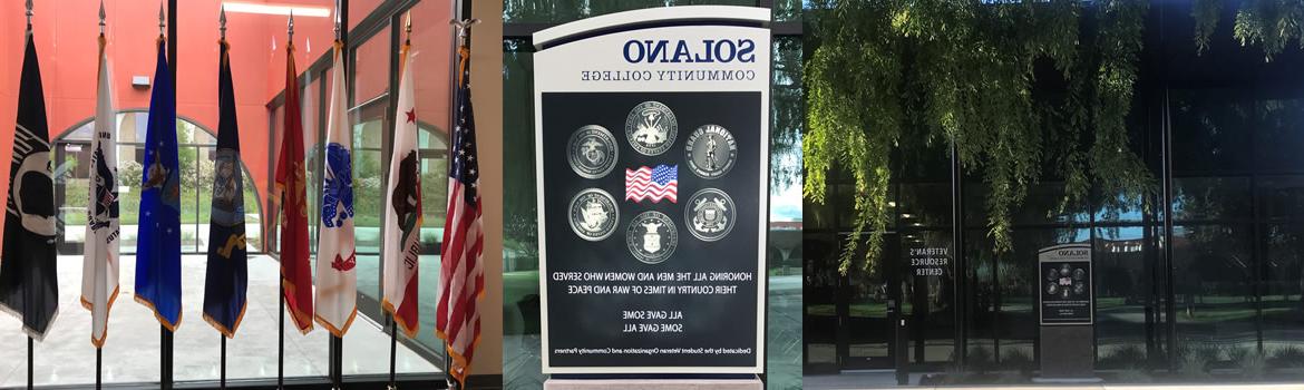 退伍军人事务中心标题图像. 三张老兵照片拼贴. 首先是老兵资源中心大楼的前面. 第二是老兵中心标牌. 第三个是U.S. 退伍军人中心的军旗.